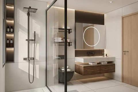 Modern Luxury Bathroom 3D Render 4K Stock Illustration