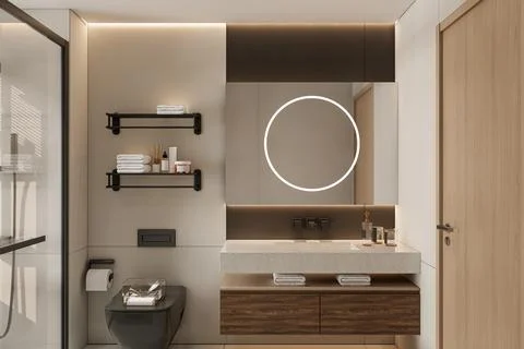 Modern Luxury Bathroom 3D Render 4K Stock Illustration