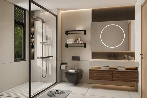 Modern Luxury Bathroom 3D Render 4K Stock Illustration