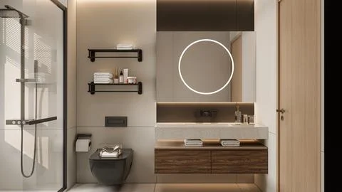 Modern Luxury Bathroom 3D Render 4K Stock Illustration