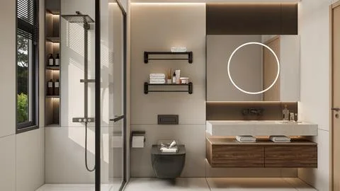 Modern Luxury Bathroom 3D Render 4K Stock Illustration