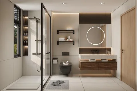 Modern Luxury Bathroom 3D Render 4K Stock Illustration
