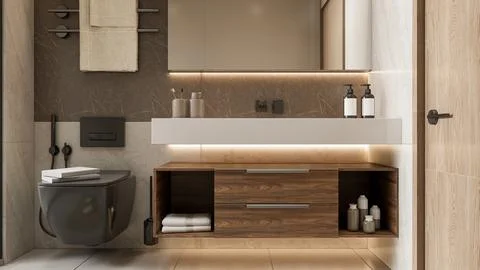 Modern Luxury Bathroom 3D Render 4K Stock Illustration