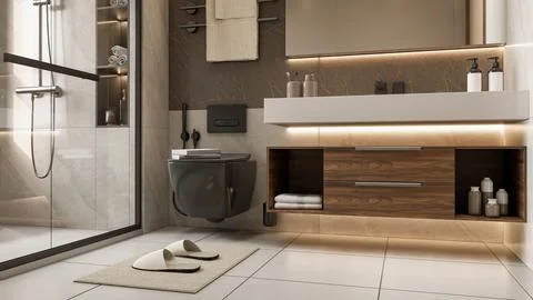 Modern Luxury Bathroom 3D Render 4K Stock Illustration