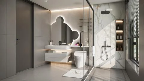 Modern Luxury Bathroom 3D Render 4K Stock Illustration