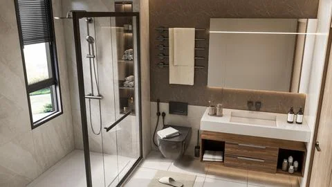 Modern Luxury Bathroom 3D Render 4K Stock Illustration
