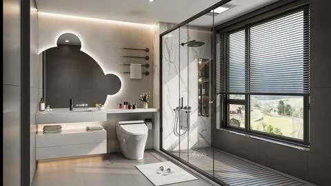 Modern Luxury Bathroom 3D Render 4K Stock Illustration