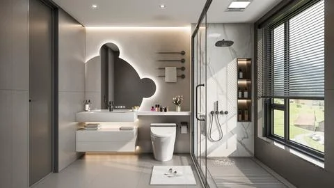 Modern Luxury Bathroom 3D Render 4K Stock Illustration