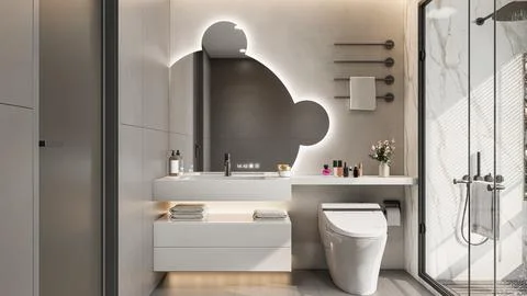Modern Luxury Bathroom 3D Render 4K Stock Illustration