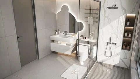 Modern Luxury Bathroom 3D Render 4K Stock Illustration