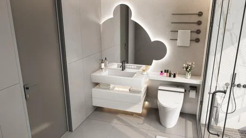 Modern Luxury Bathroom 3D Render 4K Stock Illustration