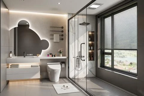 Modern Luxury Bathroom 3D Render 4K Stock Illustration