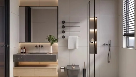 Modern Luxury Bathroom 3D Rendered up to down 4K Stock Footage 340138885