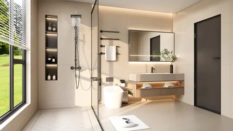 Modern Luxury Bathroom 3D Rendered Walkthrough 4K Stock Footage 340139033