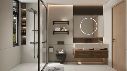 Modern Luxury Bathroom 3D Rendered up to down 4K Stock Footage 340139050