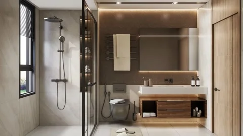 Modern Luxury Bathroom interior render 4K Stock Footage 341597041