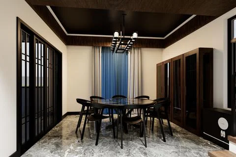 Modern Luxury Dining Room Interior with Marble Floor and Chandelier 3D Render Stock Illustration