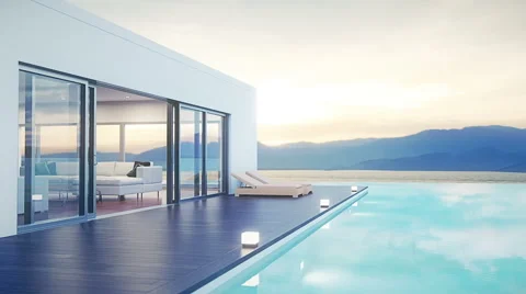 Modern Luxury House With Pool At Dawn Stock Footage