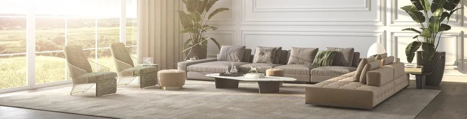 Modern luxury interior background with panoramic windows and nature plants view 스톡 일러스트