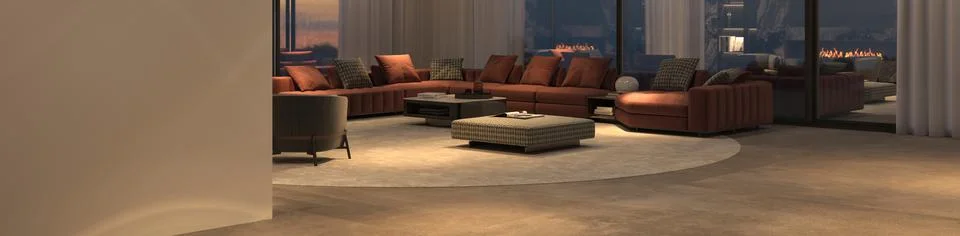 Modern luxury interior with panoramic windows and night sky. Mock up beige wall Stock Illustration