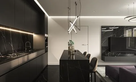 Modern luxury interior side view. Kitchen with bar chairs, kitchenware and Stock Illustration