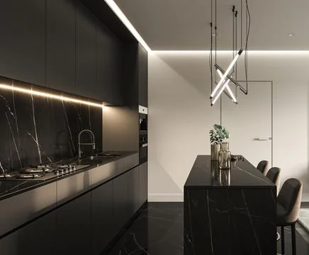 Modern luxury interior side view. Kitchen with bar chairs, kitchenware and dark Stock Illustration