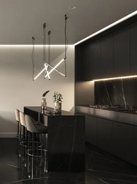 Modern luxury interior side view. Kitchen with bar chairs, kitchenware and dark Stock Illustration