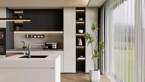 Modern Luxury Kitchen 3D Render 4K Stock Illustration