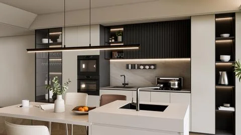 Modern Luxury Kitchen 3D Render 4K Stock Illustration