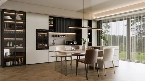 Modern Luxury Kitchen 3D Render 4K Stock Illustration