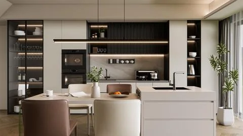 Modern Luxury Kitchen 3D Render 4K Stock Illustration