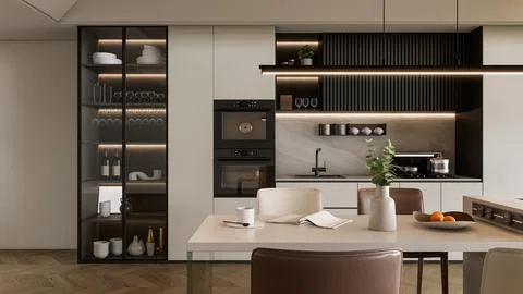 Modern Luxury Kitchen 3D Render 4K Stock Illustration