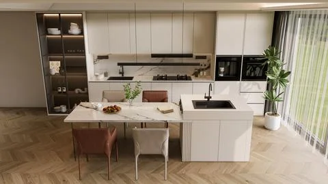 Modern Luxury Kitchen 3D Render 4K Stock Illustration