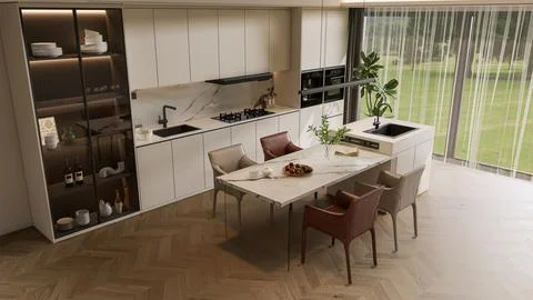 Modern Luxury Kitchen 3D Render 4K Stock Illustration