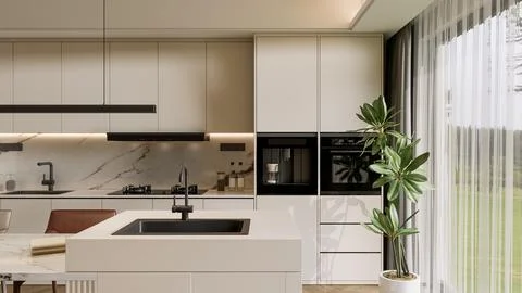 Modern Luxury Kitchen 3D Render 4K Stock Illustration