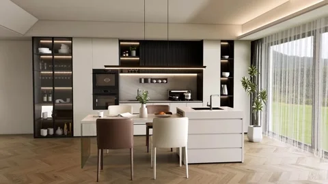 Modern Luxury Kitchen Interior 3D Render tour Stock Footage 340139124