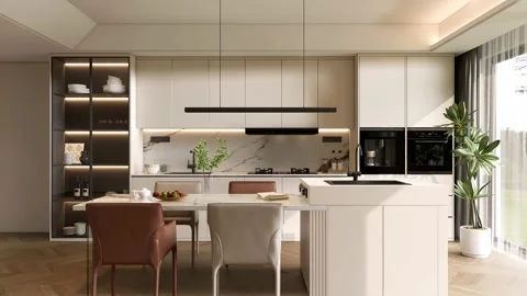 Modern Luxury Kitchen Interior 3D Render zoom out Stock Footage 340139476
