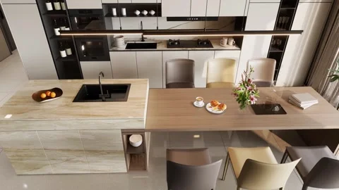 Modern Luxury Kitchen Interior Render 4k Stock Footage 341607346