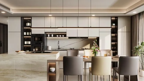 Modern Luxury Kitchen Interior Render 4k Stock Footage 341607637