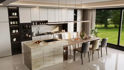 Modern Luxury Kitchen Interior Render 4k Stock Footage 341607709