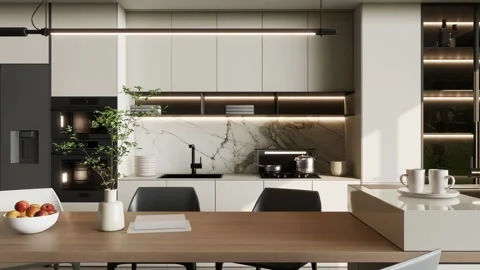 Modern Luxury Kitchen Interior Render 4k Stock Footage 341608138