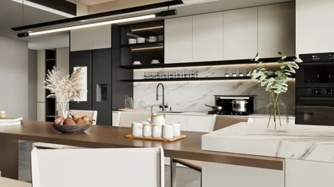 Modern Luxury Kitchen Interior Render 4k Stock Footage 341609138