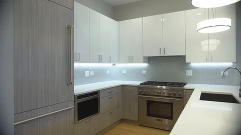 Modern luxury kitchen, interior walk through, steady cam, minimalistic design Stock Footage 100995732