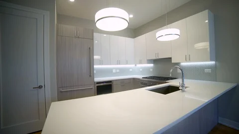 Modern luxury kitchen, interior walk through, steady cam, minimalistic design Stock Footage 100995764
