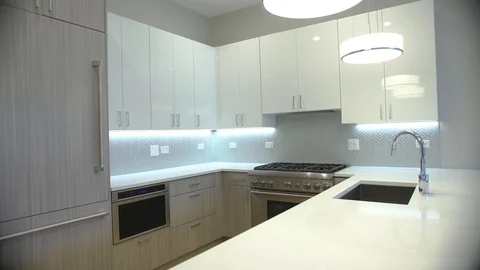 Modern luxury kitchen, interior walk through, steady cam, minimalistic design Stock Footage 100995806
