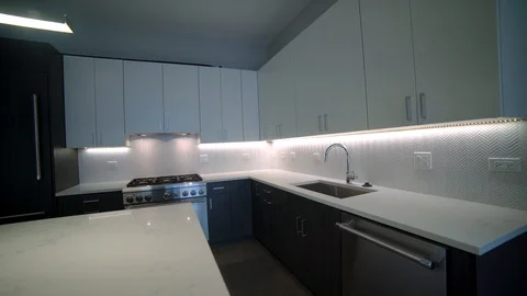 Modern luxury kitchen, interior walk through, steady cam, minimalistic design Stock Footage 100995865