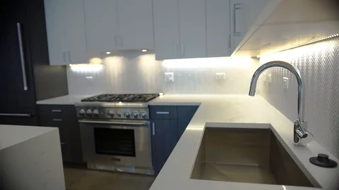 Modern luxury kitchen, interior walk through, steady cam, minimalistic design Stock Footage 100995976