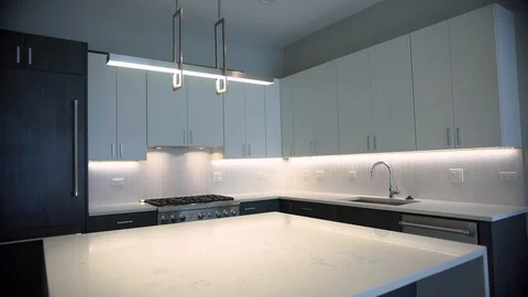 Modern luxury kitchen, interior walk through, steady cam, minimalistic design Stock Footage 100996030