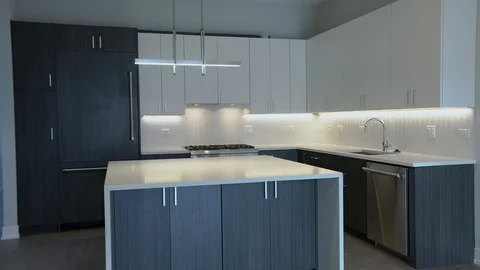 Modern luxury kitchen, interior walk through, steady cam, minimalistic design Stock Footage 100996124