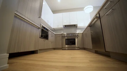 Modern luxury kitchen, interior walk through, steady cam, minimalistic design Stock Footage 100996266